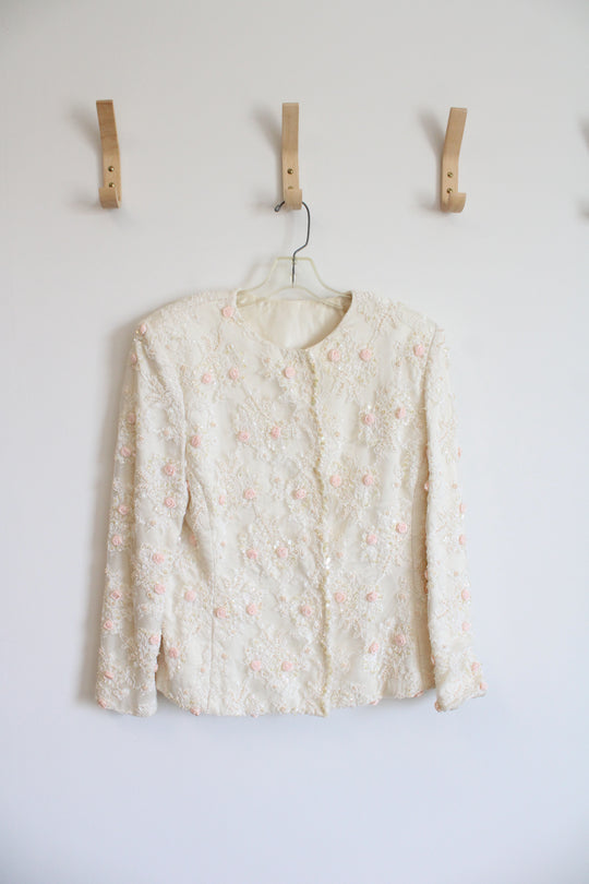 Vintage Rina Di Montella Cream Embellished Pearl & Mini Roses Top | M