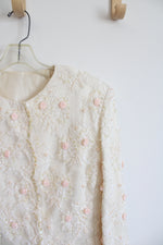 Vintage Rina Di Montella Cream Embellished Pearl & Mini Roses Top | M