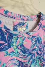Lilly Pulitzer Luxletic Pink Blue and Teal Printed Floral Cotton Crewneck Sweatshirt with Side Zippers and Pockets | L