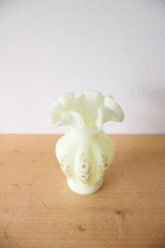 Fenton Hand Painted Ruffled Edge Custard Floral Vase