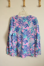 Lilly Pulitzer Luxletic Pink Blue and Teal Printed Floral Cotton Crewneck Sweatshirt with Side Zippers and Pockets | L