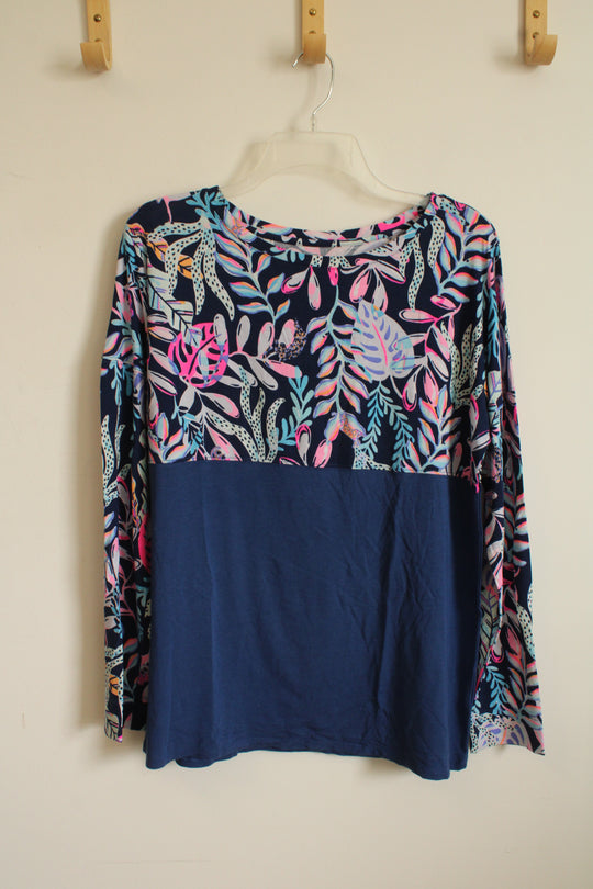Lily Pulitzer Navy with Printed Top LS Oversized Cotton Top | M