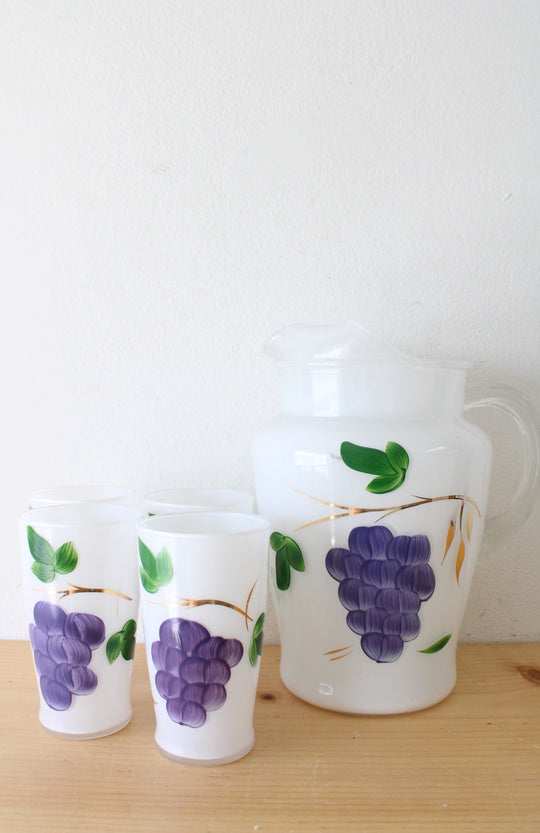 Bartlett Collins Gay Fad Hand Painted Grape White Glass Pitcher & Glasses | Set Of 5