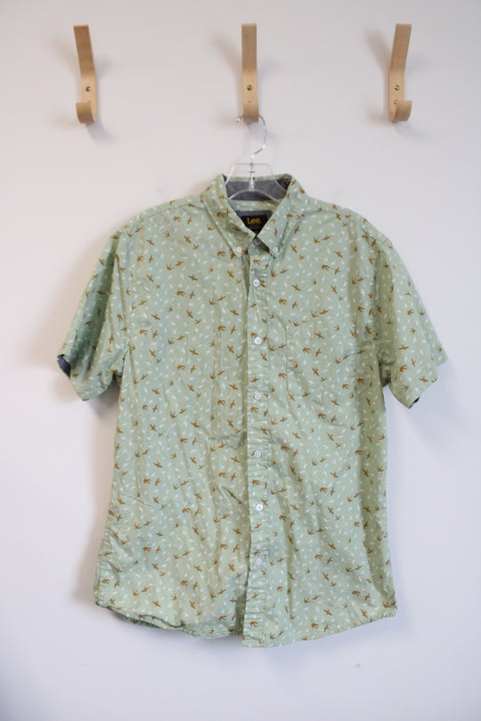 Lee Regular Fit Green Brown & White Bird Patterned Button Down Shirt | M