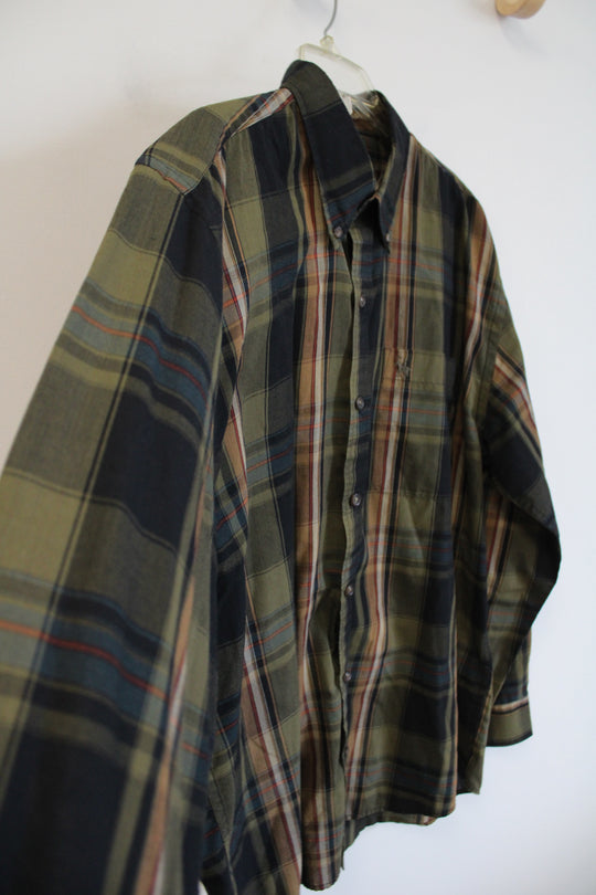 Knights Sportswear Green Black & Brown Plaid Button Down Shirt | L
