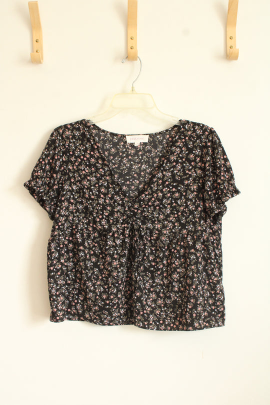 Pink Rose Floral on Black Babydoll Cropped Ruffle Shirt | L