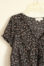 Pink Rose Floral on Black Babydoll Cropped Ruffle Shirt | L