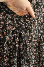 Pink Rose Floral on Black Babydoll Cropped Ruffle Shirt | L