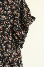 Pink Rose Floral on Black Babydoll Cropped Ruffle Shirt | L