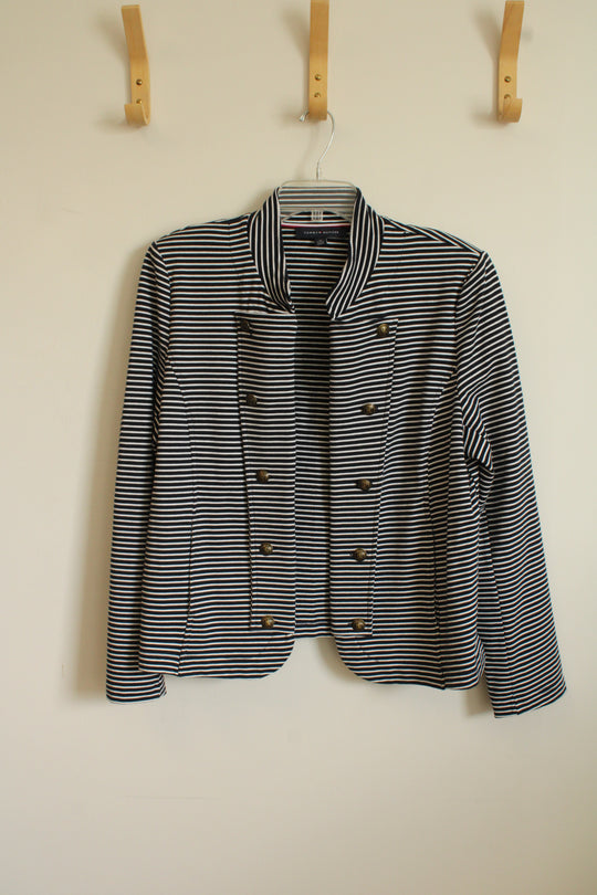Tommy Hilfiger Navy and White Striped Blazer with Lion Buttons | XL