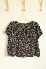 Pink Rose Floral on Black Babydoll Cropped Ruffle Shirt | L