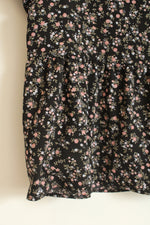 Pink Rose Floral on Black Babydoll Cropped Ruffle Shirt | L