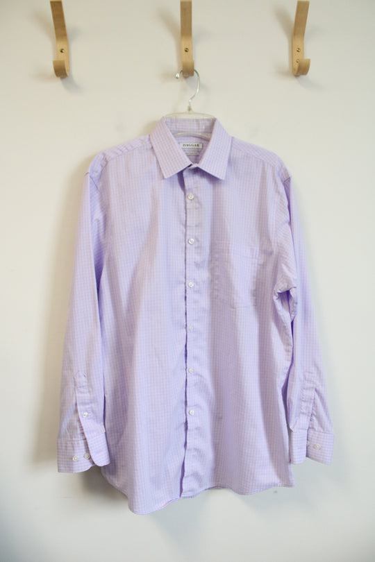 Haggar Regular Fit Purple & White Plaid Button Down Shirt | 15-15.5 32/33