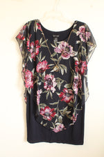 NEW EN Focus Navy Dress with Purple and Green Floral Overlay and Fold Necklace Attached | 14P