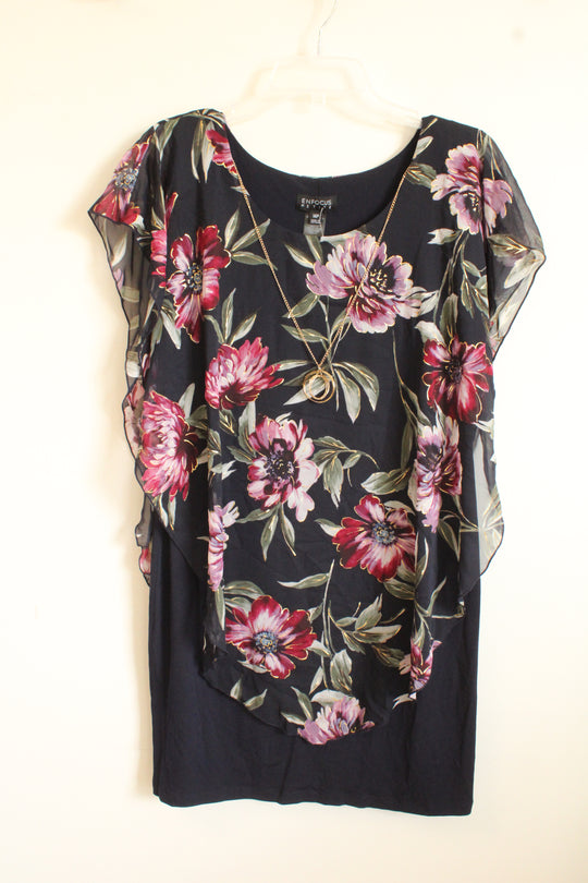 NEW EN Focus Navy Dress with Purple and Green Floral Overlay and Fold Necklace Attached | 14P