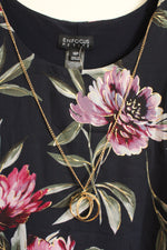 NEW EN Focus Navy Dress with Purple and Green Floral Overlay and Fold Necklace Attached | 14P