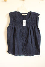 NEW Loft Navy Blue Sleeveless Cotton Pleated Peasant Top | L