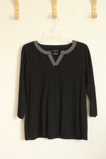 Talbots Black 3Q Sleeve Top with White Embroidered Neckline | M