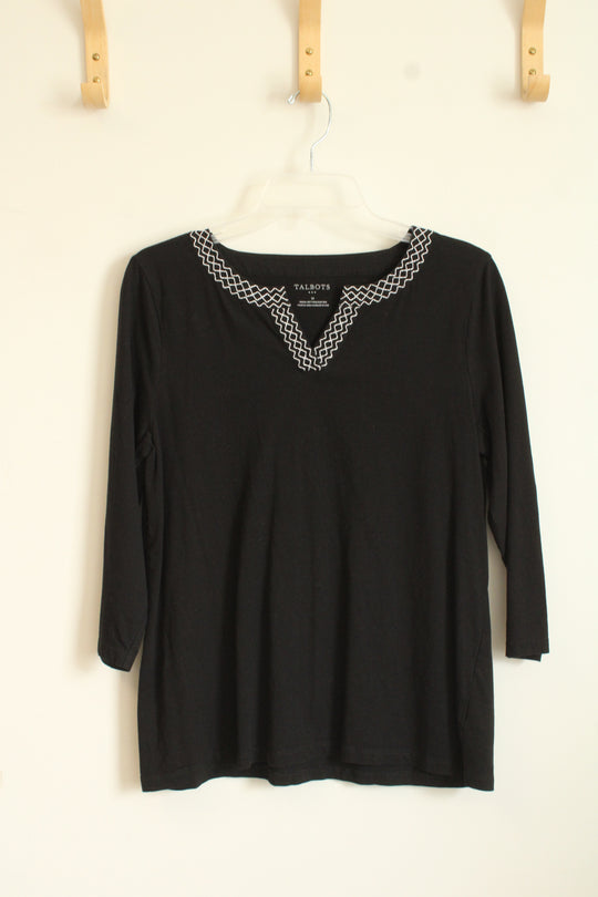 Talbots Black 3Q Sleeve Top with White Embroidered Neckline | M
