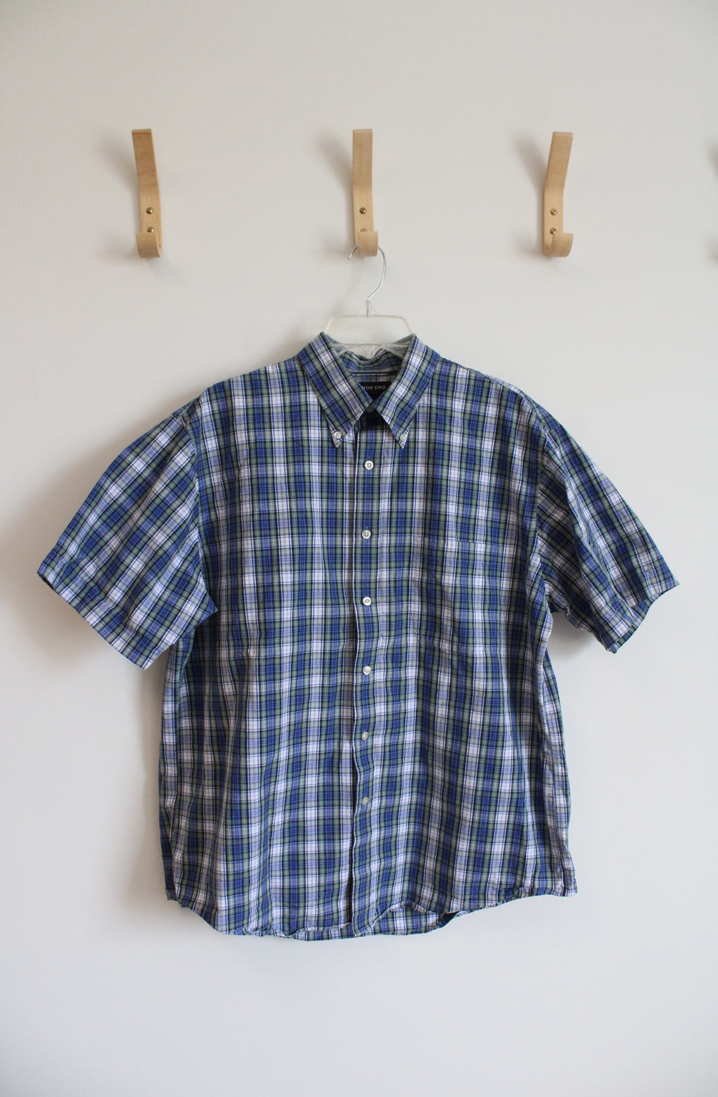 Lands' End Blue Green & White Plaid Button Down Shirt | L
