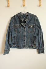 French Cuff Medium Wash Jean Jacket with Zipper Pockets and Motorcycle Style Collar | M