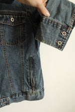 French Cuff Medium Wash Jean Jacket with Zipper Pockets and Motorcycle Style Collar | M