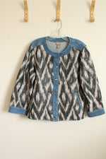 Chicos Collarless Jean Jacket with Off-white Black and Teal Printed Panels | L