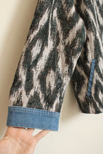 Chicos Collarless Jean Jacket with Off-white Black and Teal Printed Panels | L