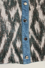 Chicos Collarless Jean Jacket with Off-white Black and Teal Printed Panels | L