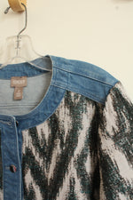 Chicos Collarless Jean Jacket with Off-white Black and Teal Printed Panels | L