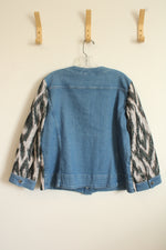 Chicos Collarless Jean Jacket with Off-white Black and Teal Printed Panels | L