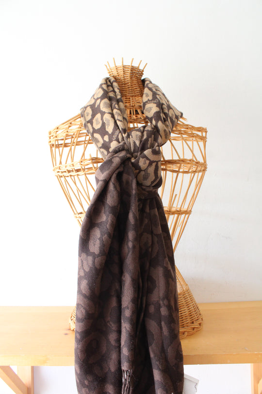 Coach Ombre Brown Leopard Print Merino Wool Fringe Scarf