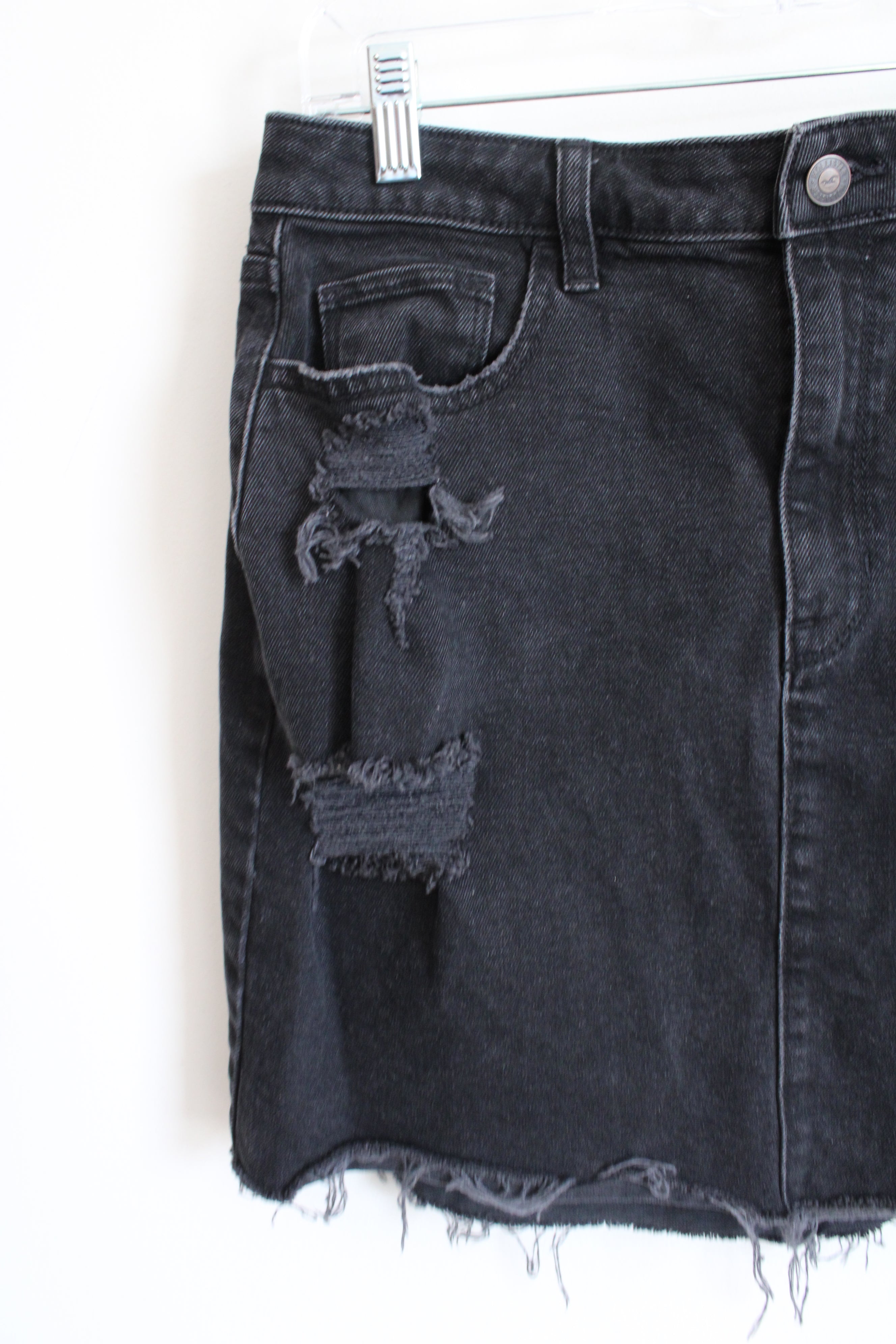 Hollister Ultra High Rise Black Denim Distressed Skirt 11