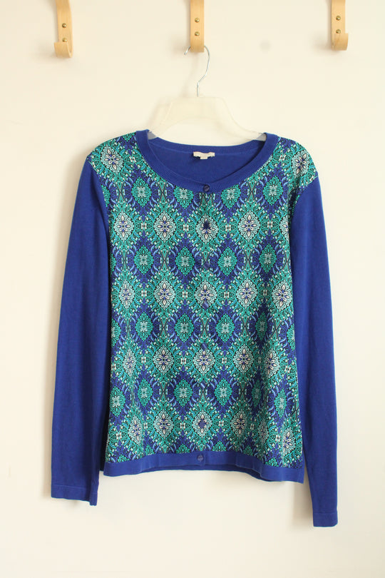 Talbots Green and Blue Printed Button up Cardigan Sweater | L