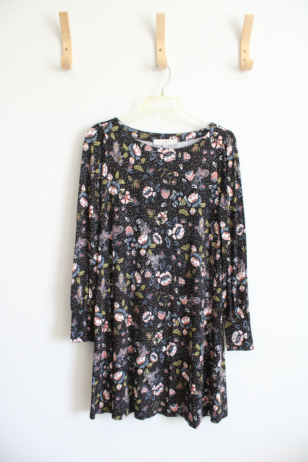 NEW LOFT Colorful Floral Black Knit Long Sleeved Dress | XS