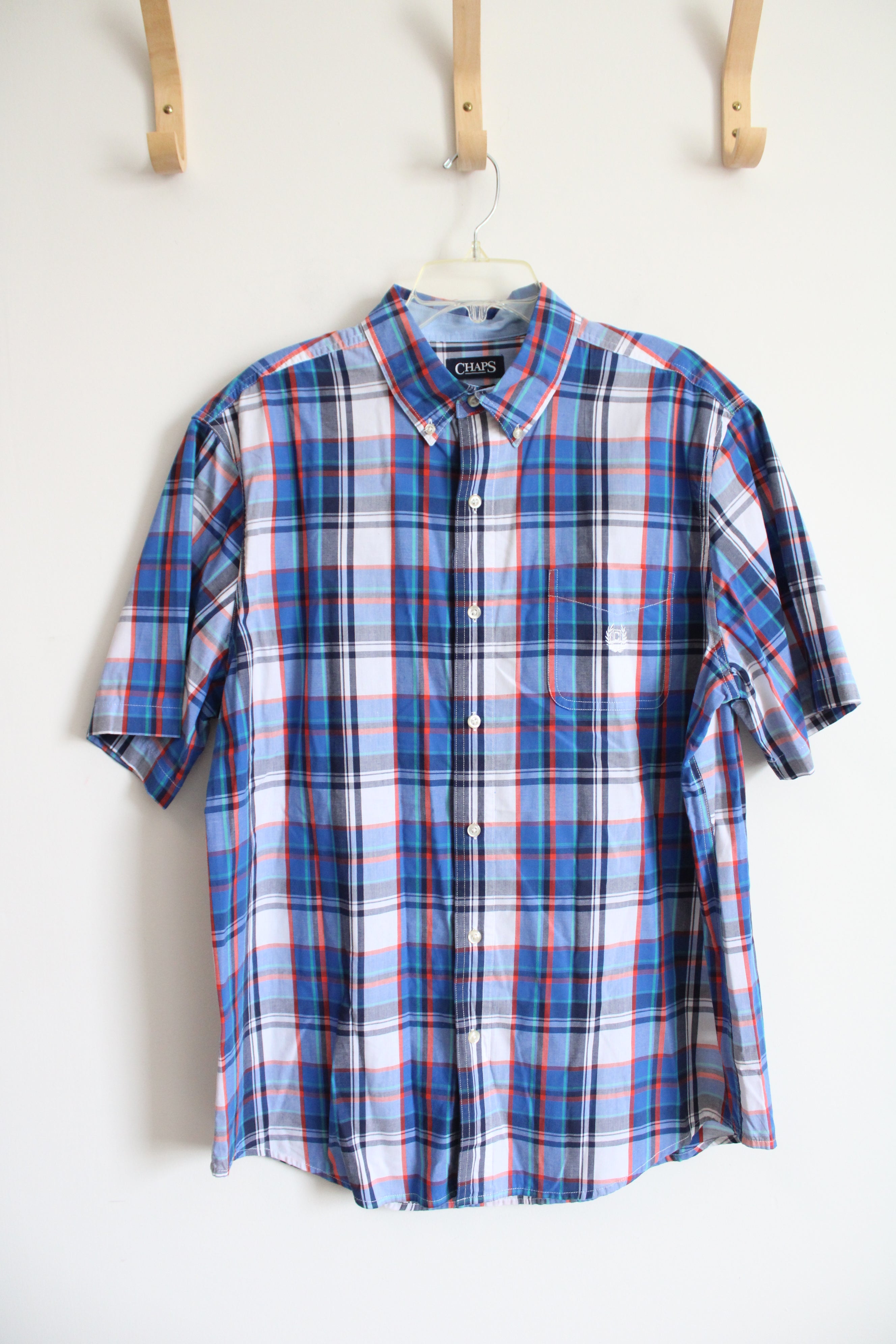 Chaps Easy Care Blue Red Green & White Plaid Button Down Shirt | XL