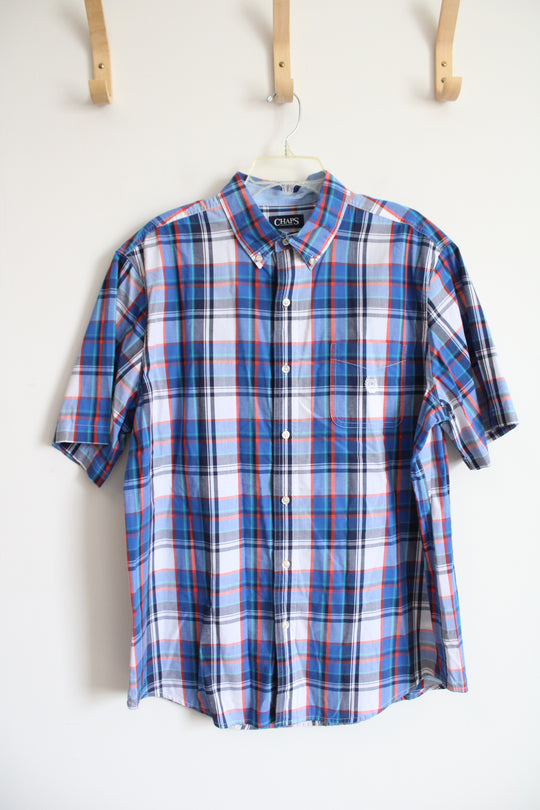Chaps Easy Care Blue Red Green & White Plaid Button Down Shirt | XL