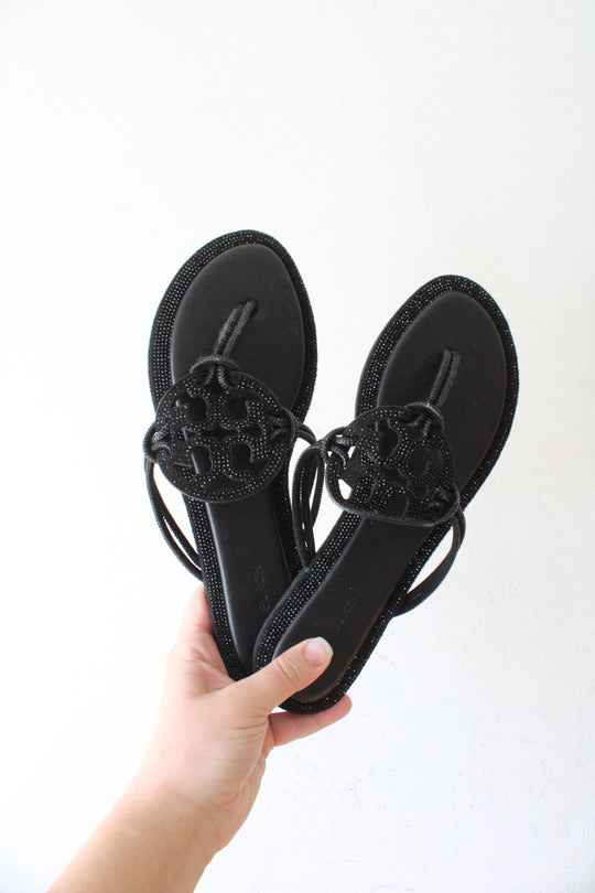 Tory Burch Knotted Millar Pave Black Sandals | Size 41