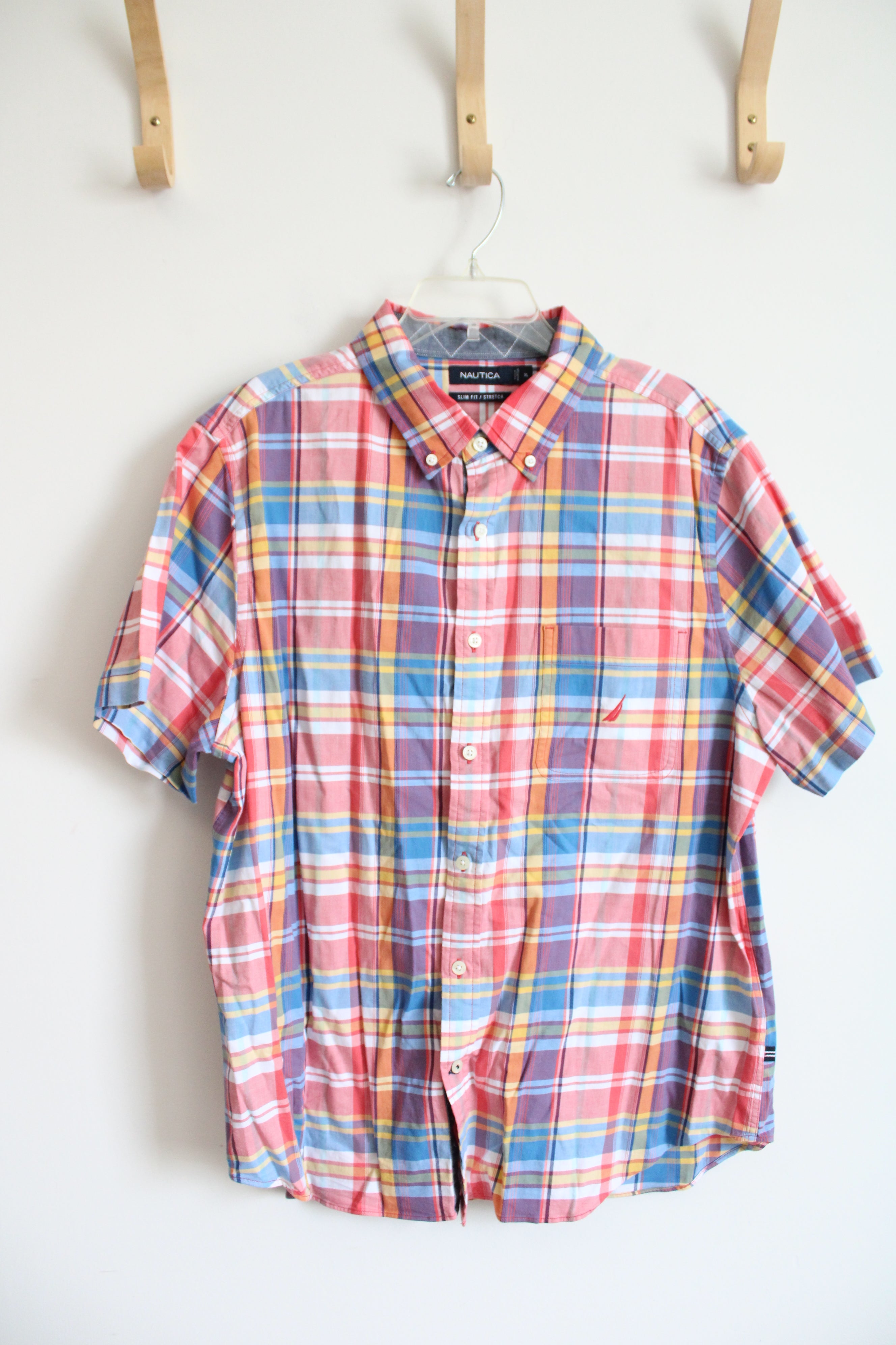Nautica Slim Fit Stretch Red Blue White & Yellow Plaid Button Down Shirt | XL