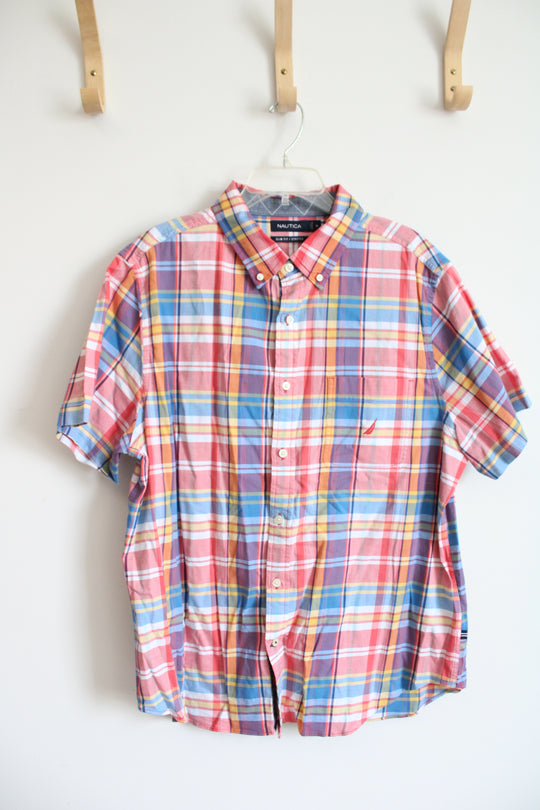 Nautica Slim Fit Stretch Red Blue White & Yellow Plaid Button Down Shirt | XL