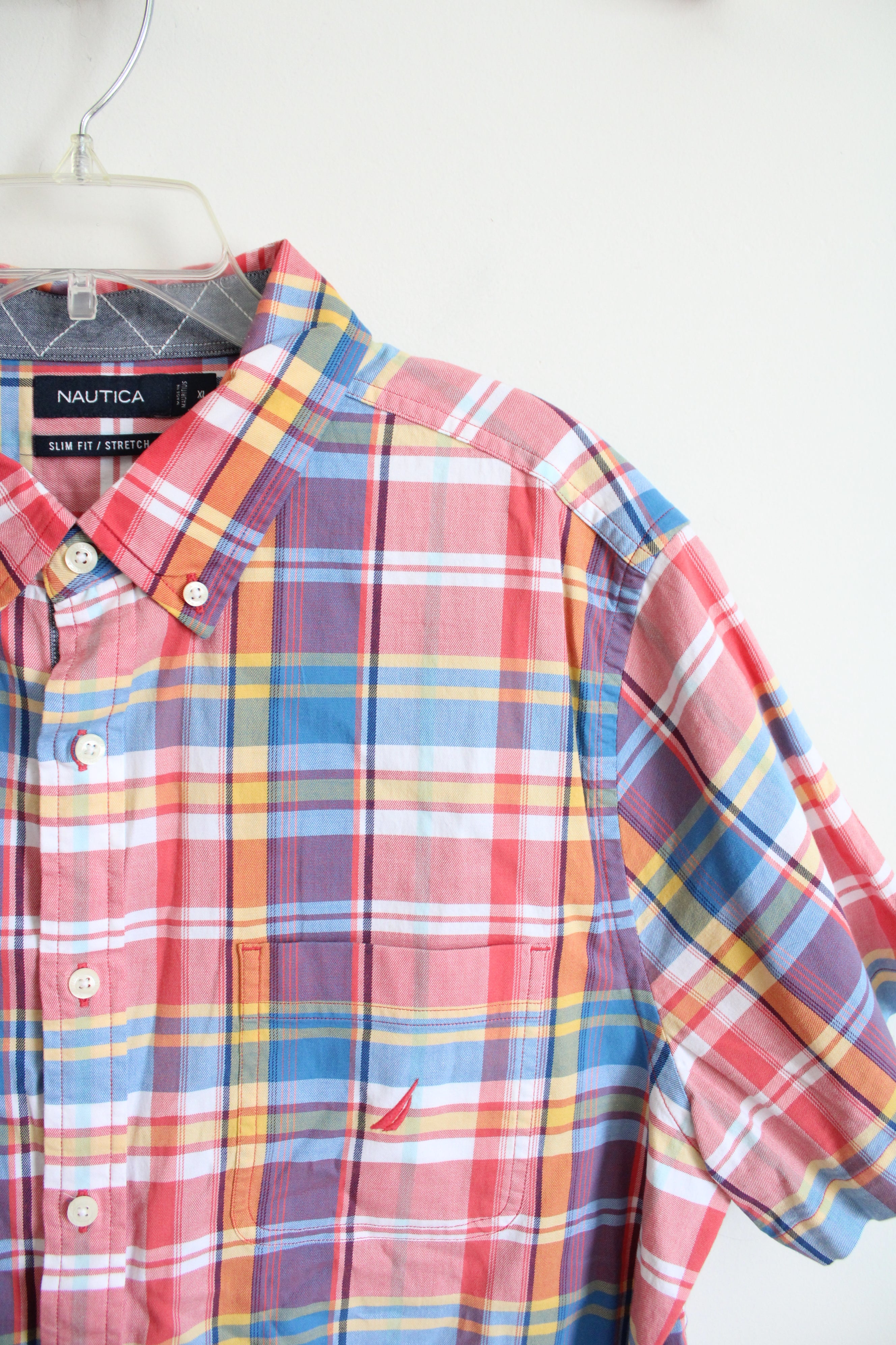 Nautica Slim Fit Stretch Red Blue White & Yellow Plaid Button Down Shirt | XL