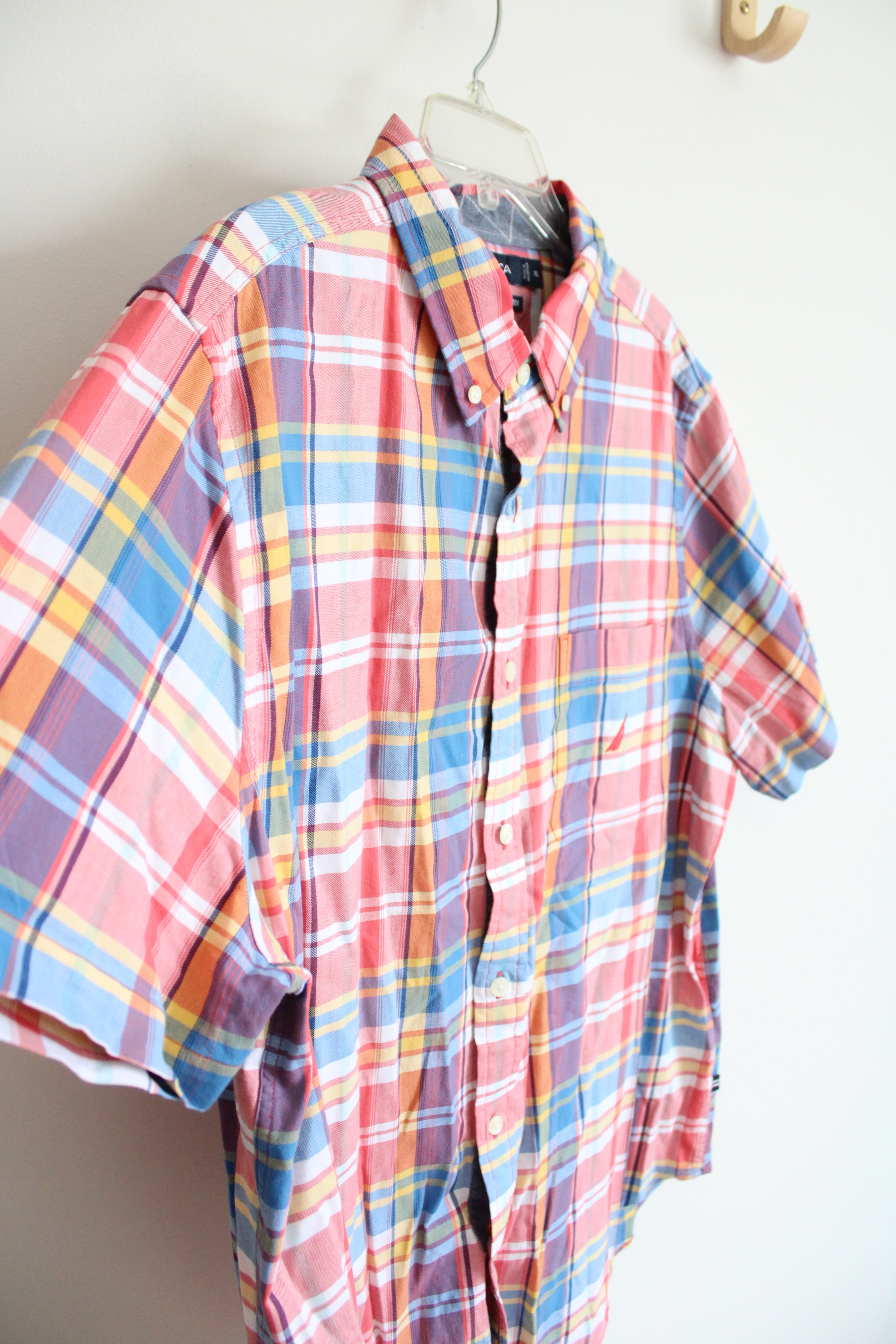 Nautica Slim Fit Stretch Red Blue White & Yellow Plaid Button Down Shirt | XL