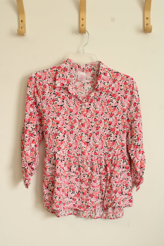 No Boundaries Pink Floral Fit and Flare Ruffle Top with Back Tie | L