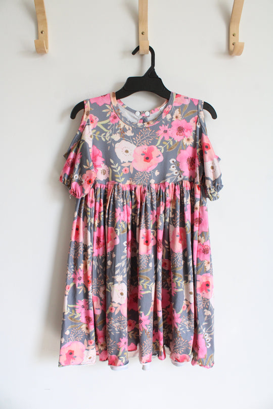 Gray & Pink Floral Cold Shoulder Dress | Size 6/7
