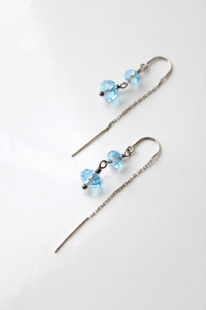 Blue Glass Beaded Sterling Silver Dangle Chain Pull-Through Earrings