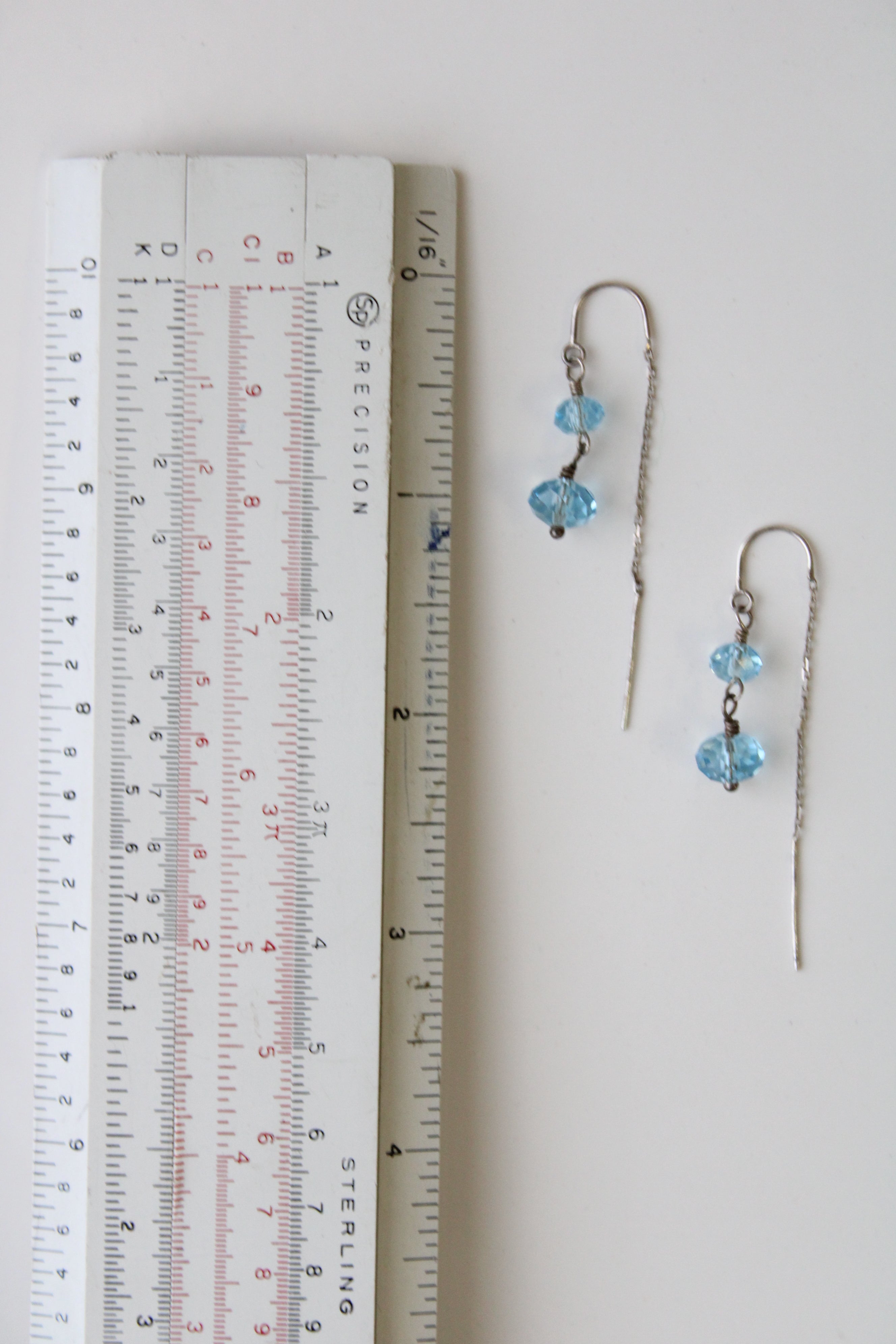 Blue Glass Beaded Sterling Silver Dangle Chain Pull-Through Earrings