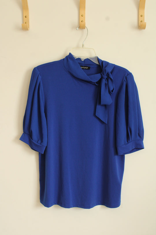 Cable & Gauge Cobalt Blue Puff Sleeve and Neck Tie Blouse | M