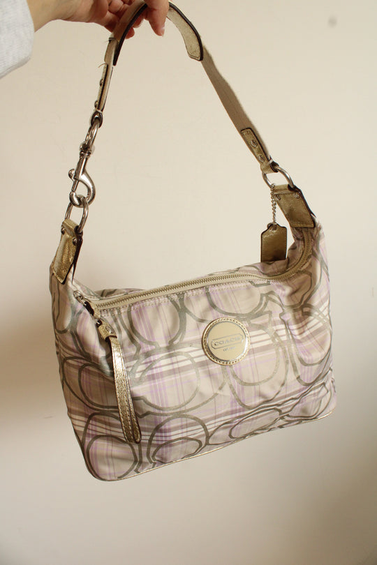 Coach Signature Gold & Lilac Plaid Hobo Shoulder Bag