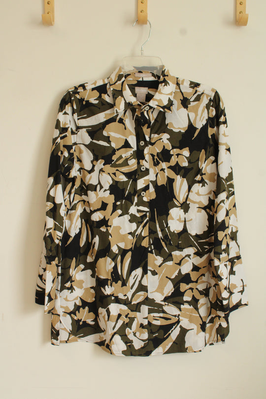 Chicos Black White and Tan Flower Camo Button Down Shirt | 0