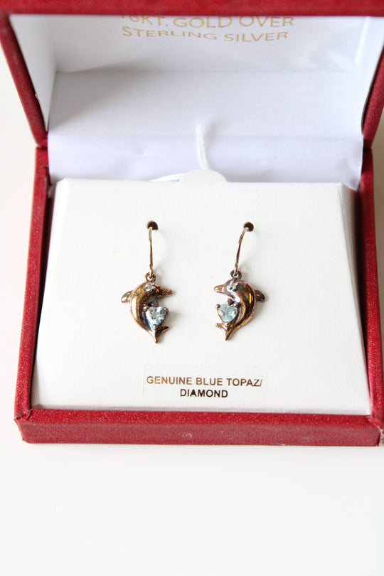 Genuine Topaz & Diamond Dolphin Dangle Earrings